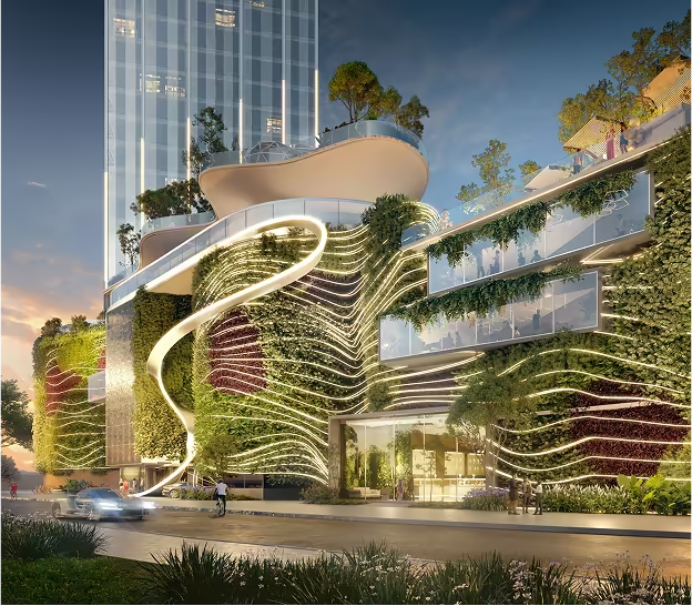Embasamento iluminado e paisagismo do Senna Tower