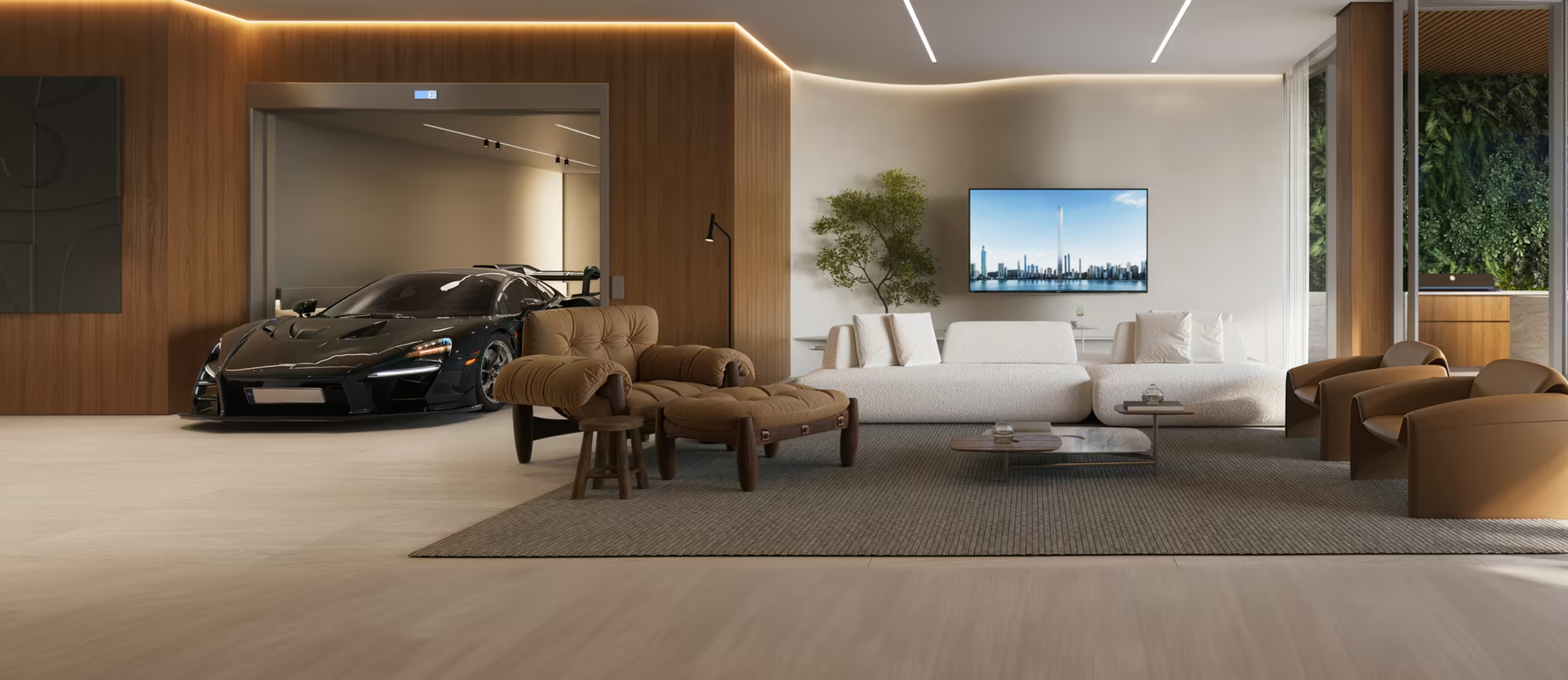 Automóvel integrado ao living de uma mansão suspensa