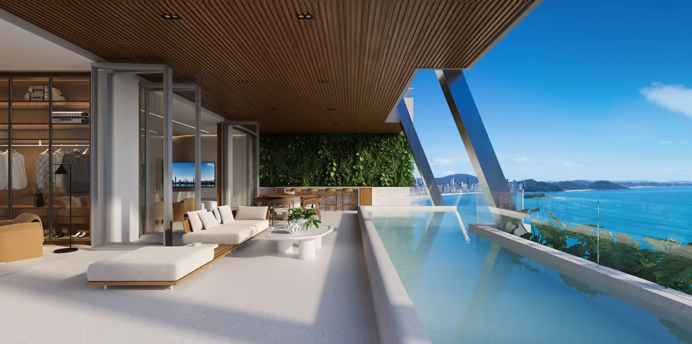 Terraço privativo com piscina em balanço e vista para o mar