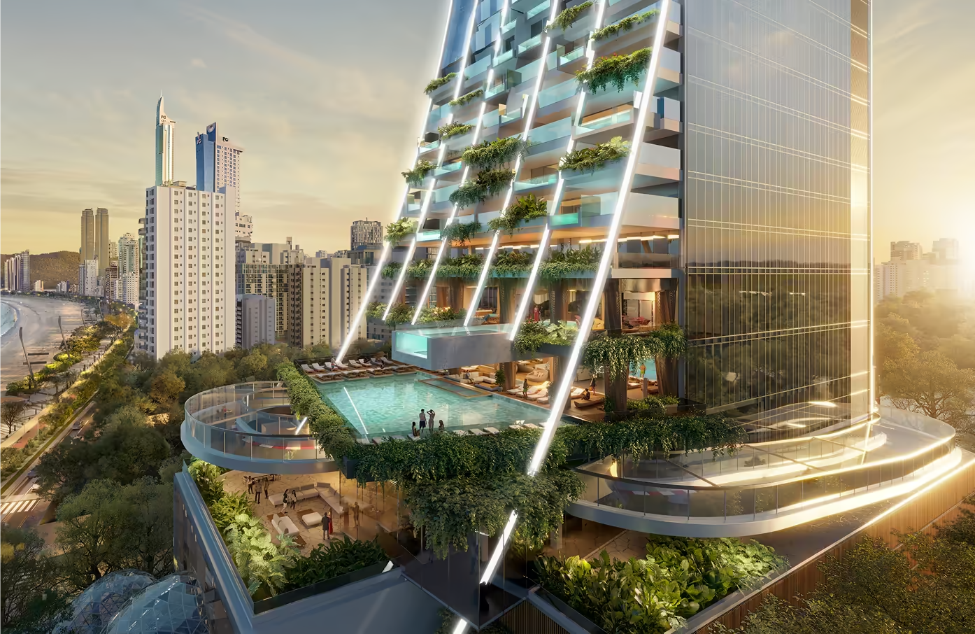 Senna Tower iluminada pelo pôr do sol em Balneário Camboriú